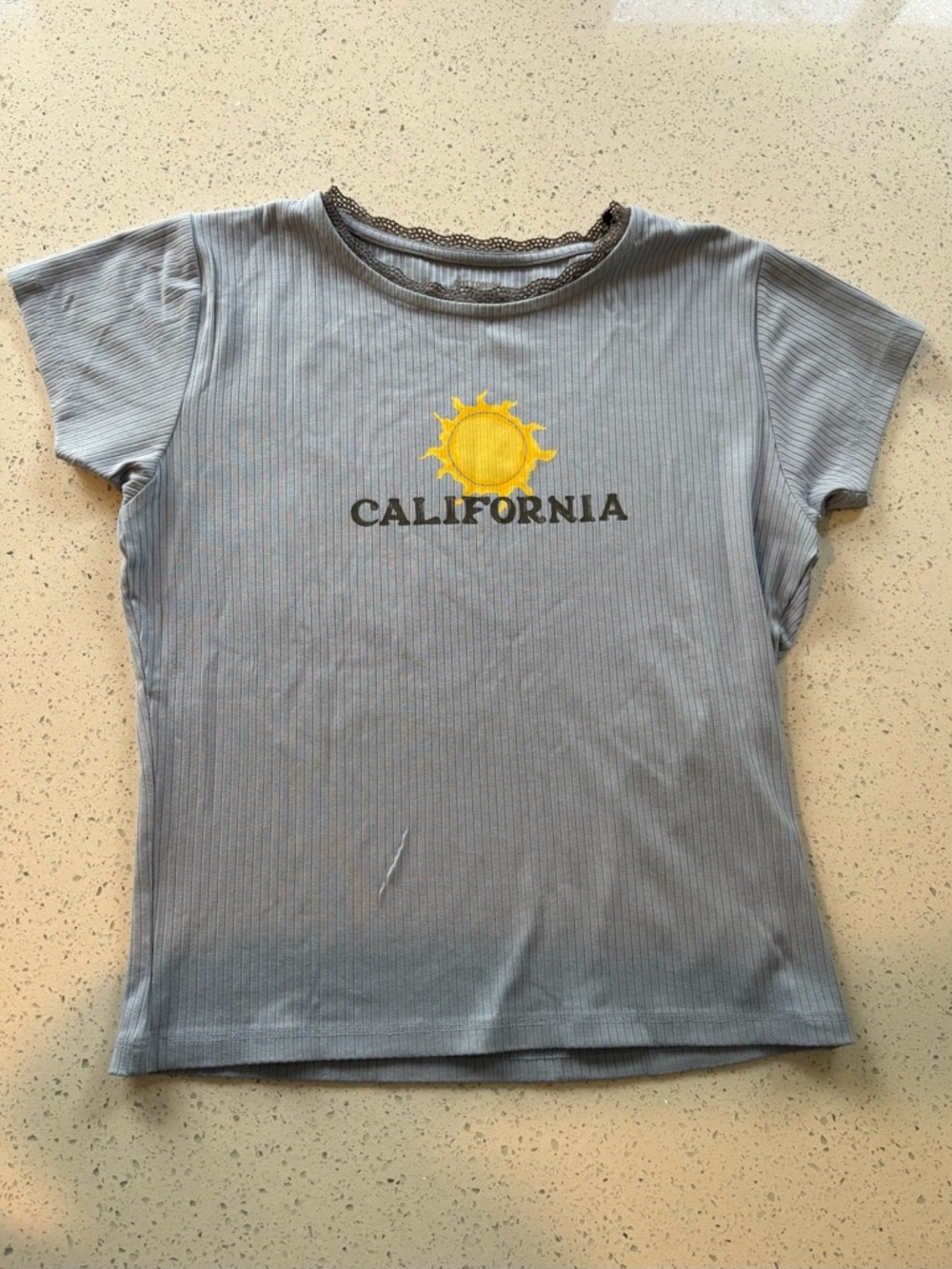 Cotton On Light Blue Ribbed 'California' Tee with Yellow Sun Graphic